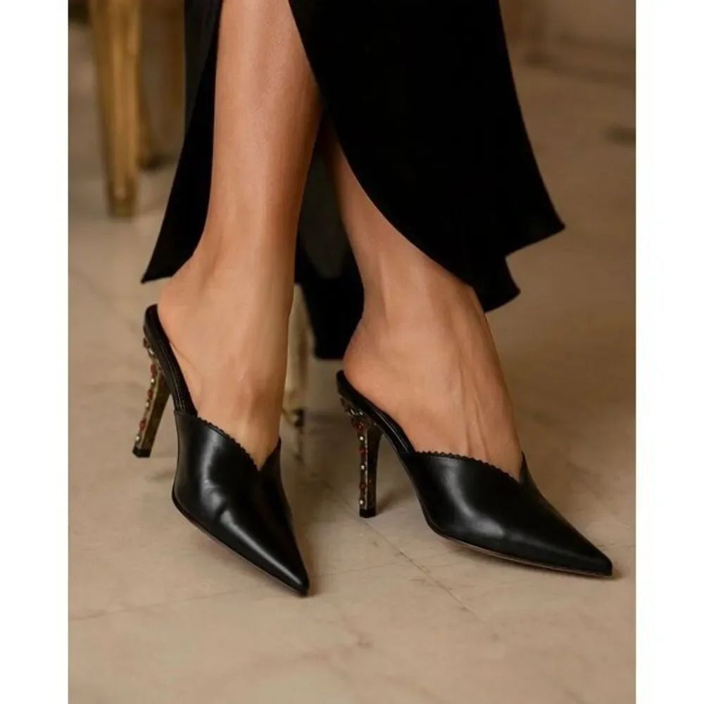 Donald J Pliner Couture Black Leather Jeweled Heel Mules Italy 8.5N